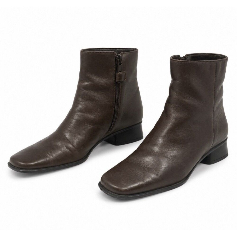 Villager Marinette Brown Leather Ankle Boots Women’s 8M Square Toe Side Zip Y2k